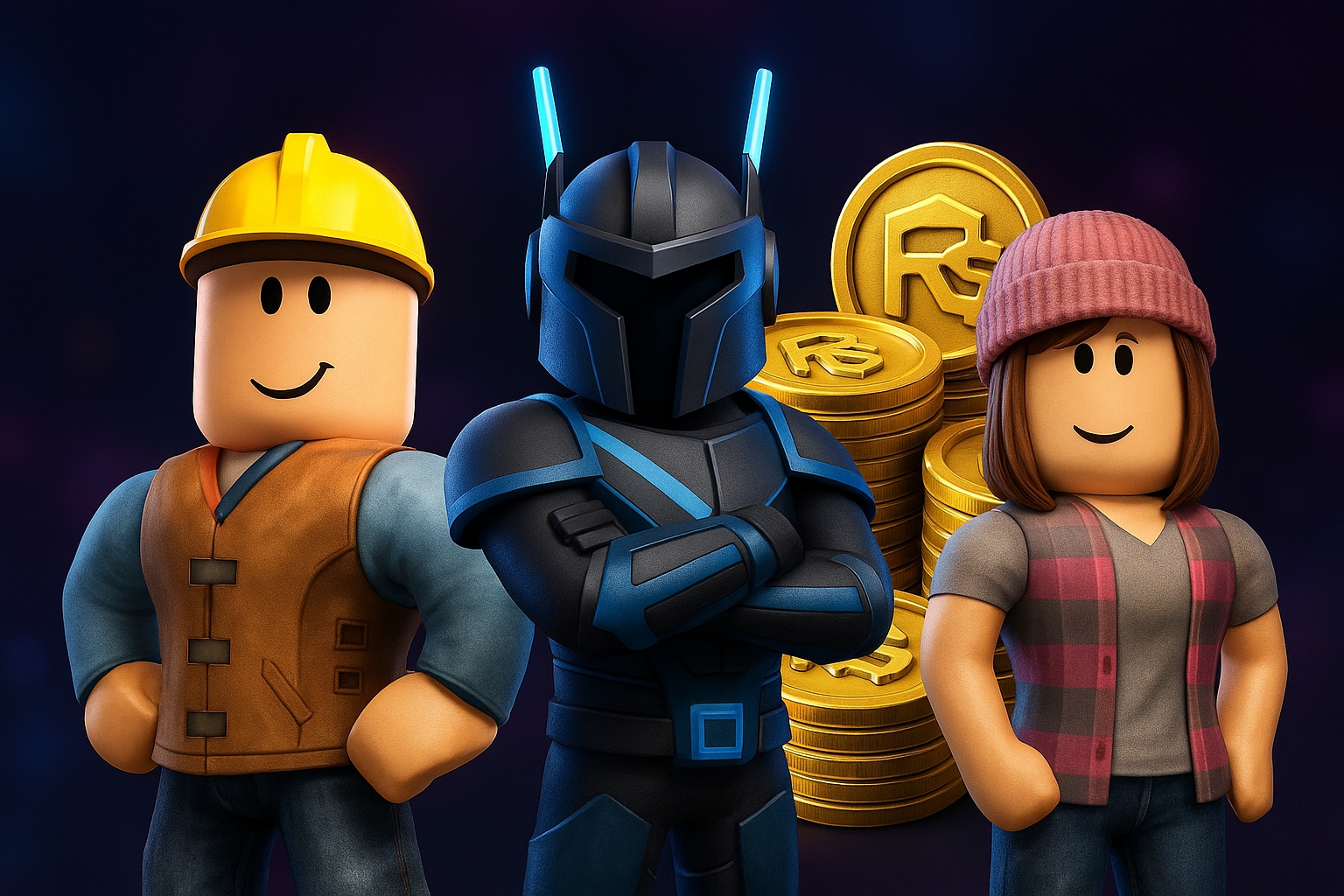 چند شخصیت روبلاکس در محیط بازی همراه با سکههای روباکس در حال بازی؛ نماد بهترین بازیهای Roblox برای کسب روباکس در سال ۲۰۲۵