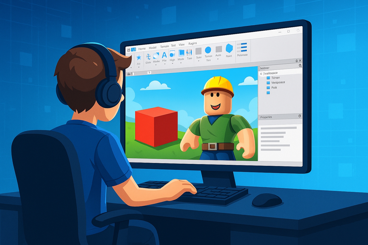 تصویر محیط Roblox Studio روی مانیتور همراه با شخصیت روبلاکس در حال طراحی بازی؛ نماد آموزش ساخت بازی روبلاکس برای مبتدیها