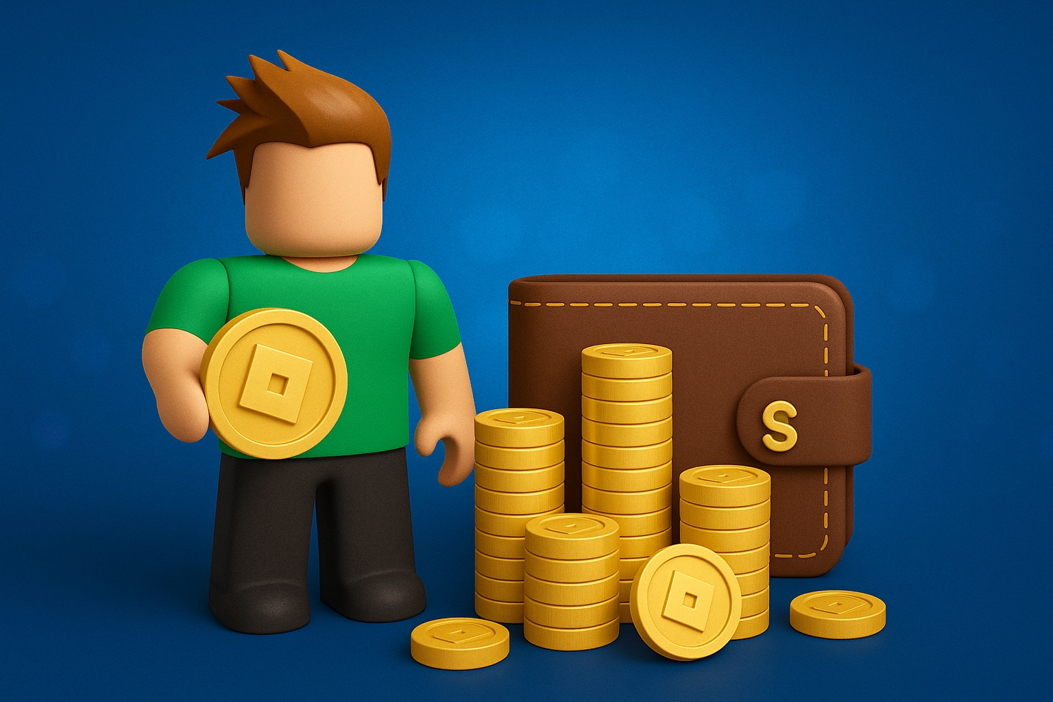 شخصیت روبلاکس در حال مدیریت و شمارش سکه‌های روباکس روی میز دیجیتال با نمودارهای آبی و طلایی؛ نماد خرج هوشمندانه روباکس و برنامه‌ریزی مالی در Roblox