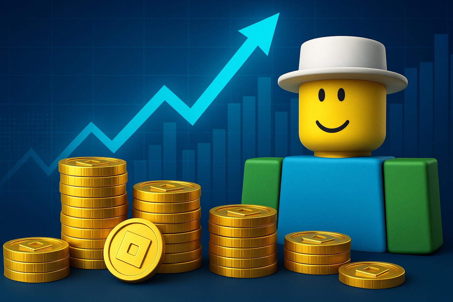 سکه طلایی روباکس در میان نمودارهای دیجیتالی و پسزمینه اقتصادی آیندهگرایانه؛ نماد ارز دیجیتال گیمینگ و روند رشد robux cryptocurrency در سال ۲۰۲۵