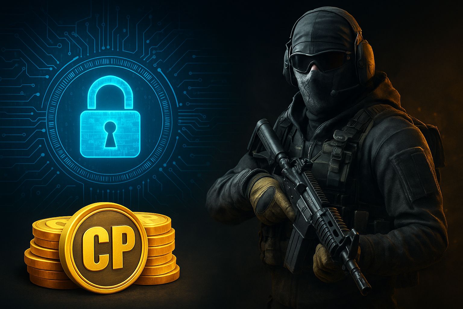 سرباز کالاف دیوتی موبایل در کنار سکه‌های طلایی CP و نماد قفل امنیت دیجیتال؛ نماد خرید مطمئن CP بدون بن شدن حساب در سال ۲۰۲۵