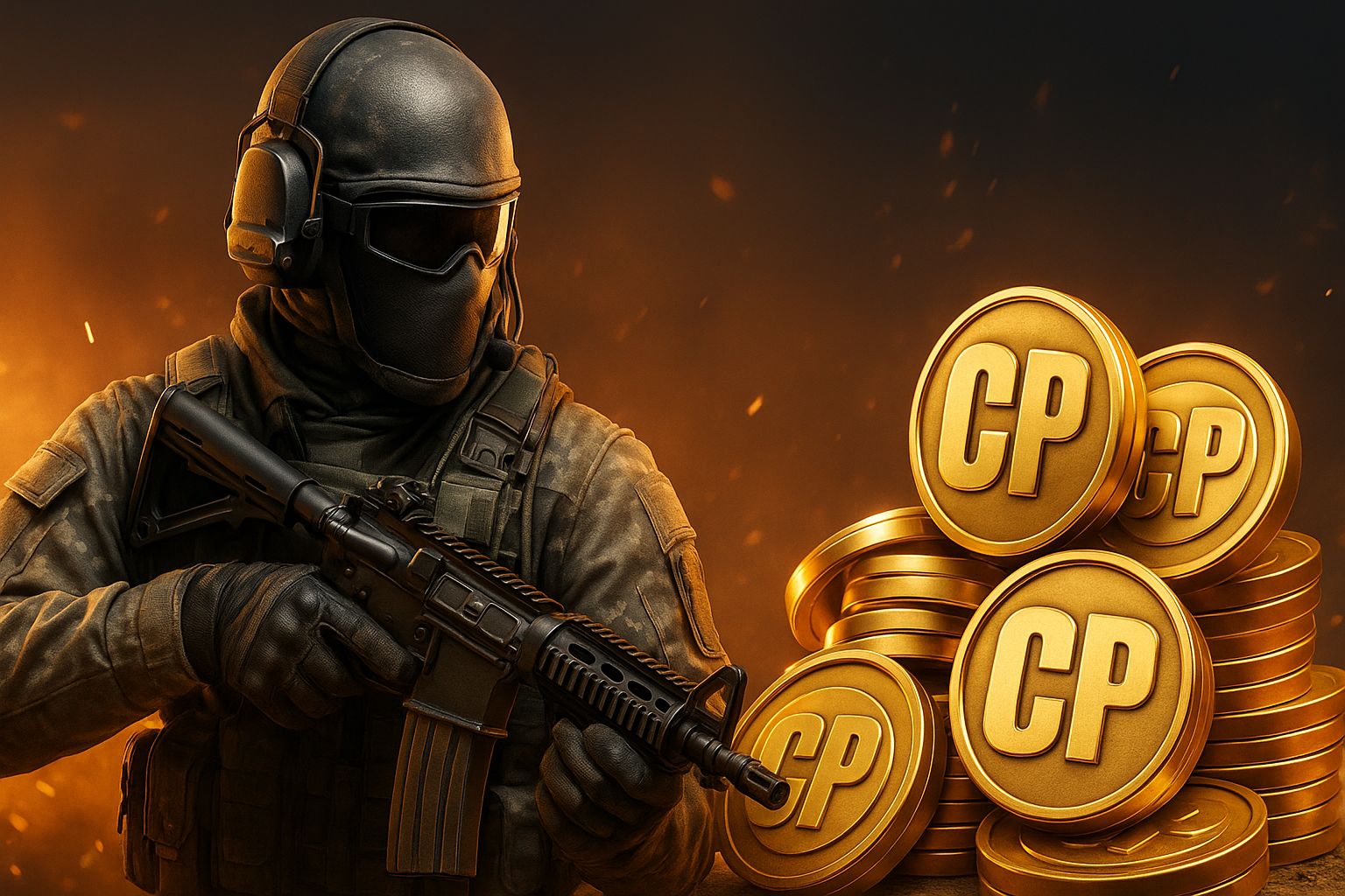سرباز کالاف دیوتی موبایل در حال مقایسه دو روش خرید سی‌پی؛ سمت چپ خرید درون بازی و سمت راست خرید از سایت معتبر با سکه‌های طلایی CP و پس‌زمینه تیره و مدرن