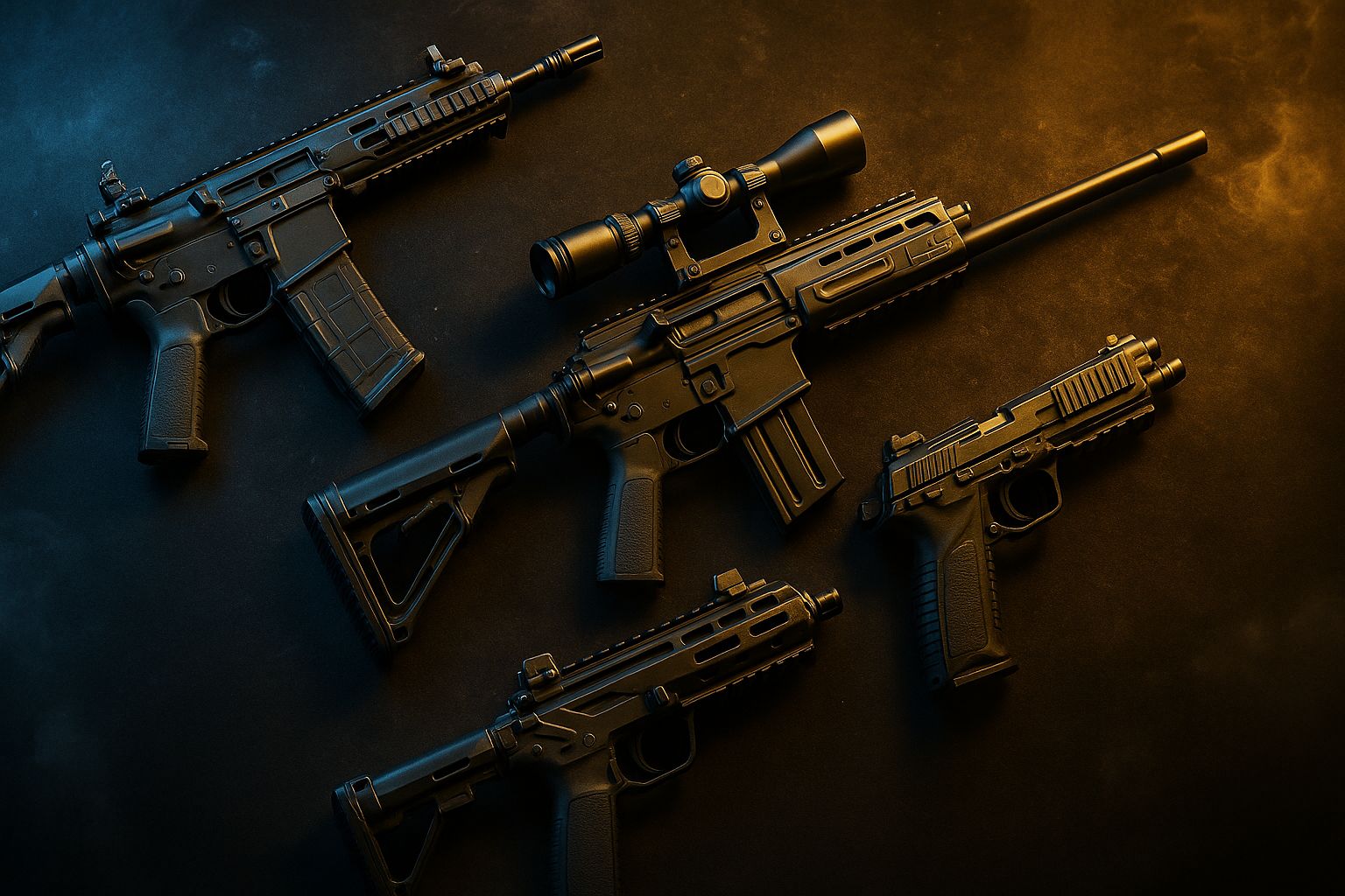 نمای سینمایی از چهار اسلحه کامل کالاف دیوتی موبایل شامل Kilo 141، HVK-30، DL Q33 و Fennec روی سطح فلزی تیره با نور آبی و طلایی؛ نماد بهترین تفنگهای CODM در آپدیت ۲۰۲۵