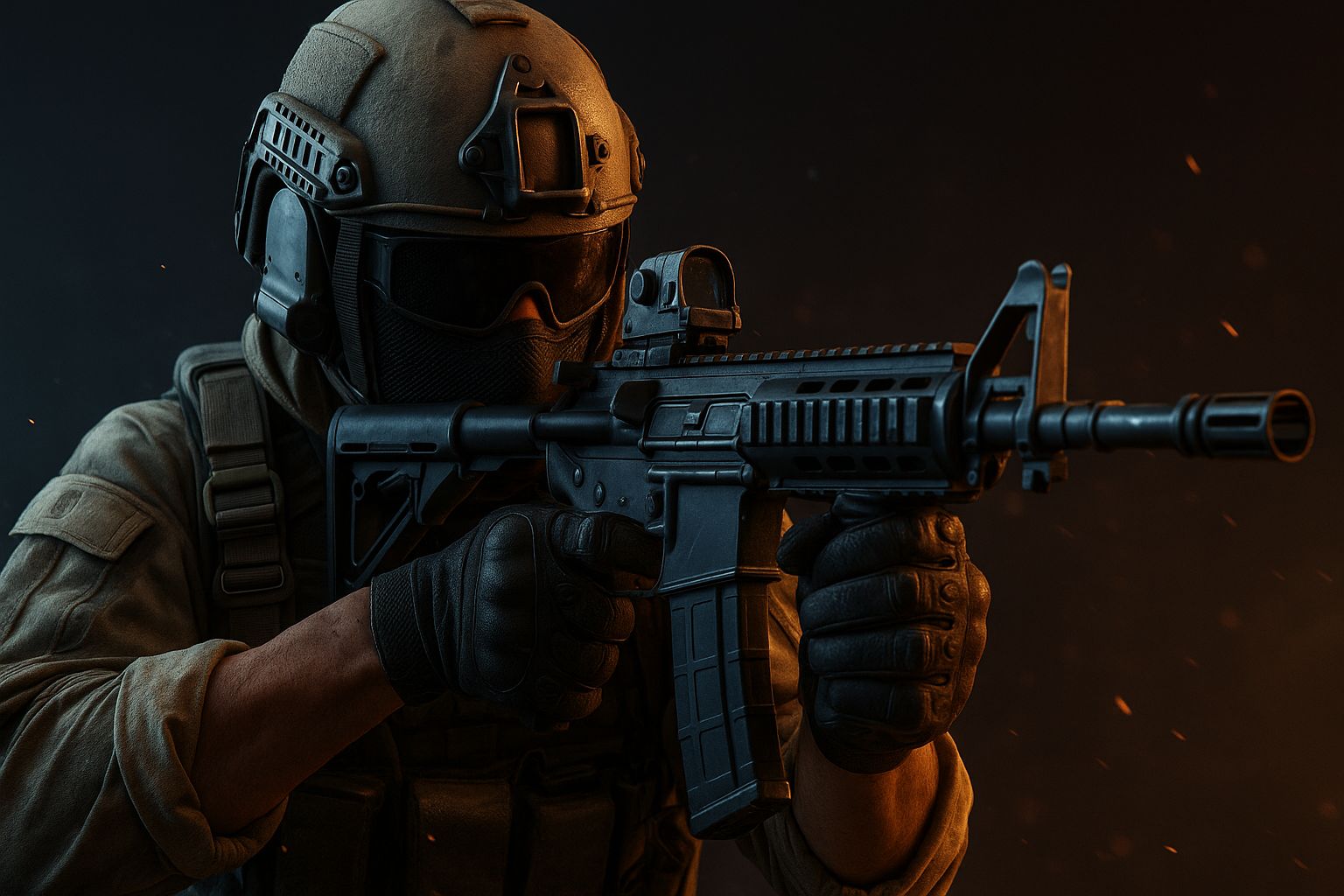 سرباز کالاف دیوتی موبایل در حالت Ranked با نور نئون قرمز و آبی، دود و جرقه در پسزمینه؛ نماد رقابت حرفهای و ترفندهای برد در CODM ۲۰۲۵