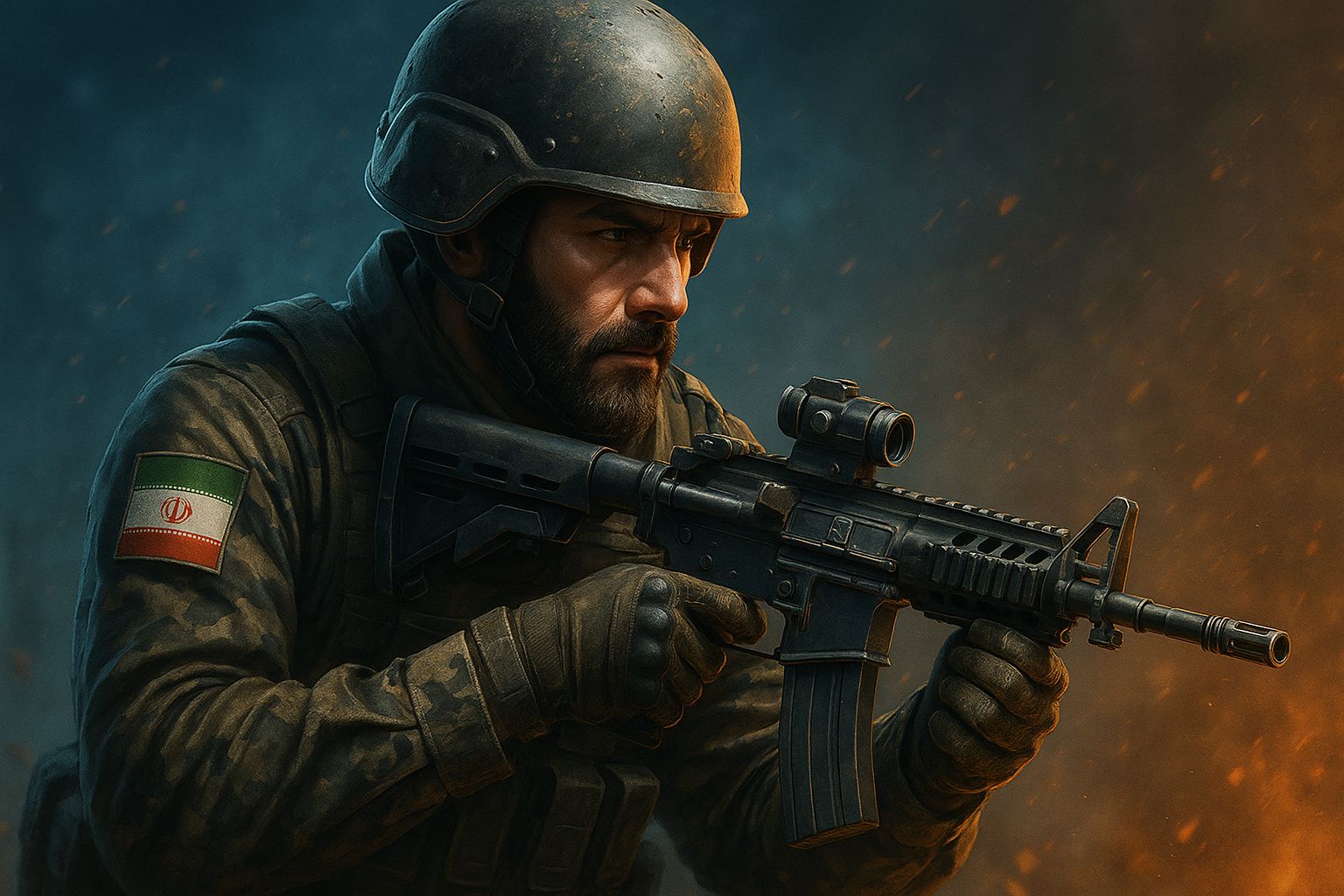 سرباز ایرانی کالاف دیوتی موبایل در حال هدف‌گیری در میدان نبرد با نور آبی و نارنجی، دود و جرقه در پس‌زمینه؛ تصویر سینمایی در قالب هدر سایت لاکتیو وایتی