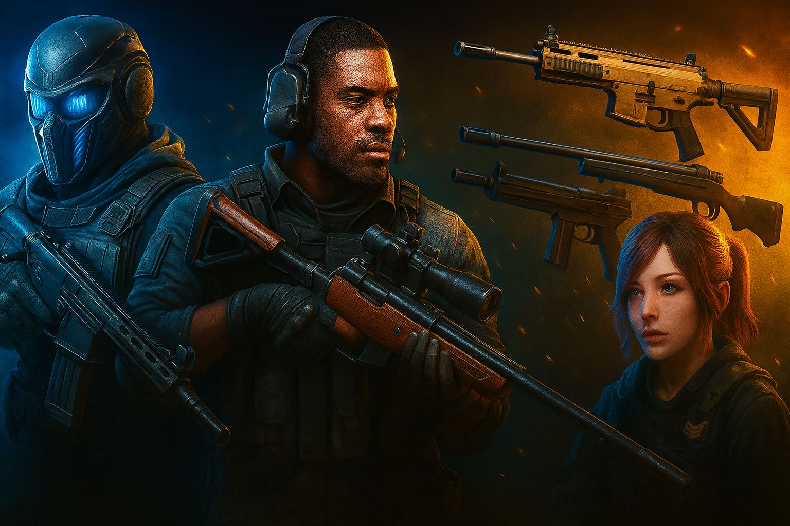 تصویر سینمایی از چند اسلحه و سرباز کالاف دیوتی موبایل در میدان نبرد با نور نئون آبی و نارنجی، دود و جرقه در پسزمینه؛ هدر جذاب فصل جدید بازی ۲۰۲۵