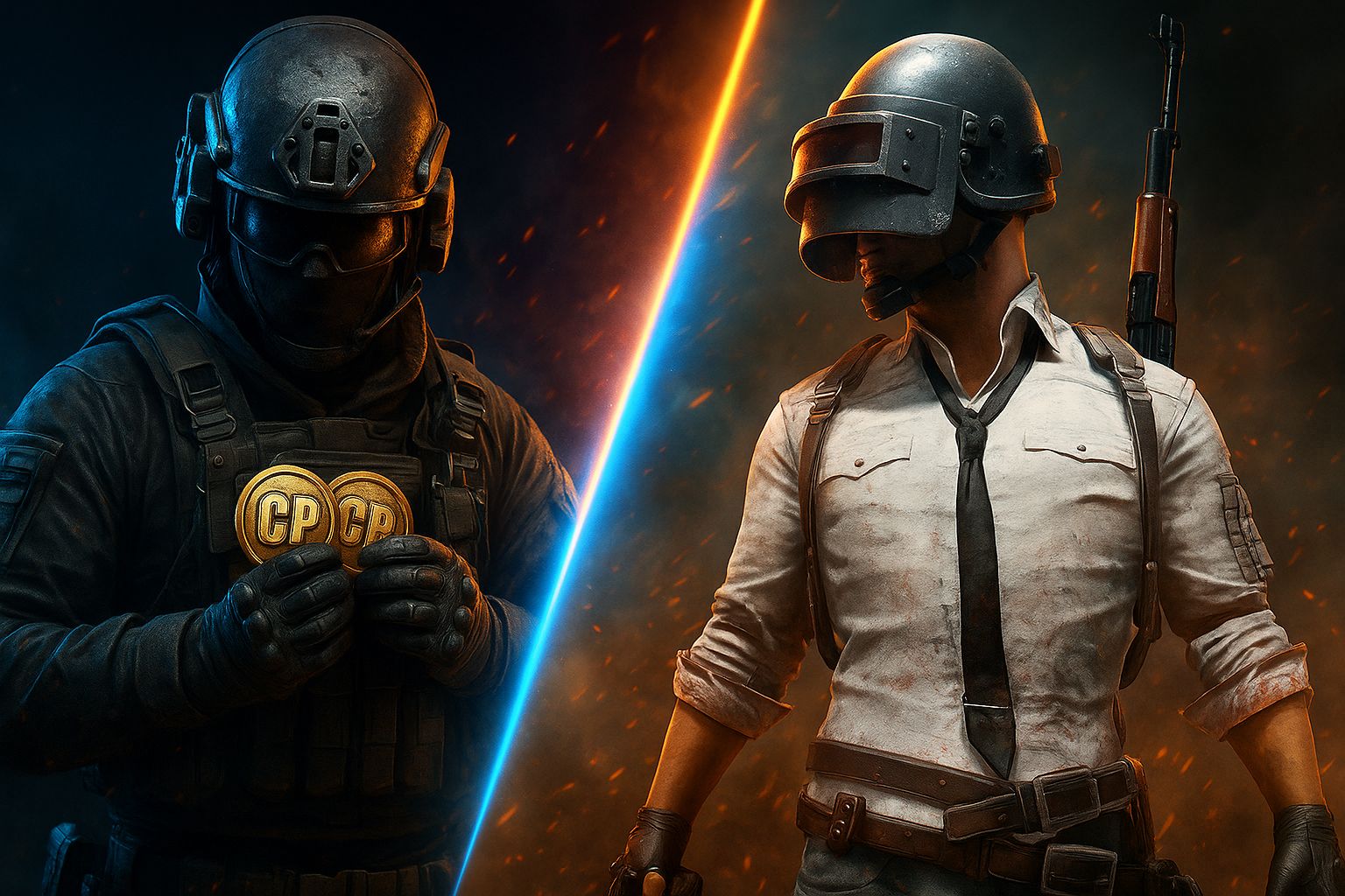 تصویر سینمایی از مقایسه کالاف دیوتی موبایل و پابجی موبایل؛ سمت چپ سرباز کالاف با نور آبی و سمت راست بازیکن پابجی با نور نارنجی، نماد رقابت دو بازی محبوب موبایل در سال ۲۰۲۵
